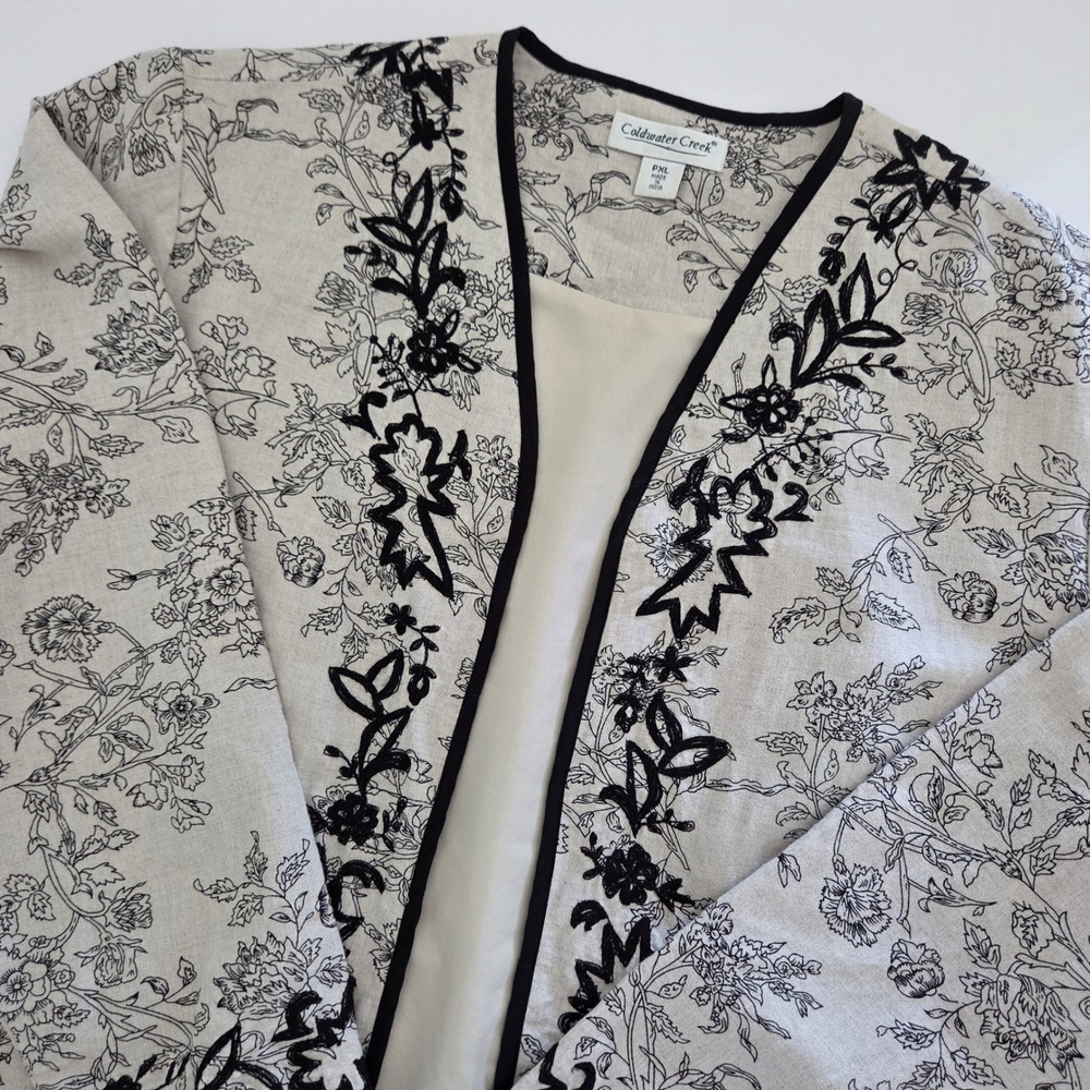 Coldwater Creek Jacket Beige Black Embroidered Floral Linen Blend Women PXL
